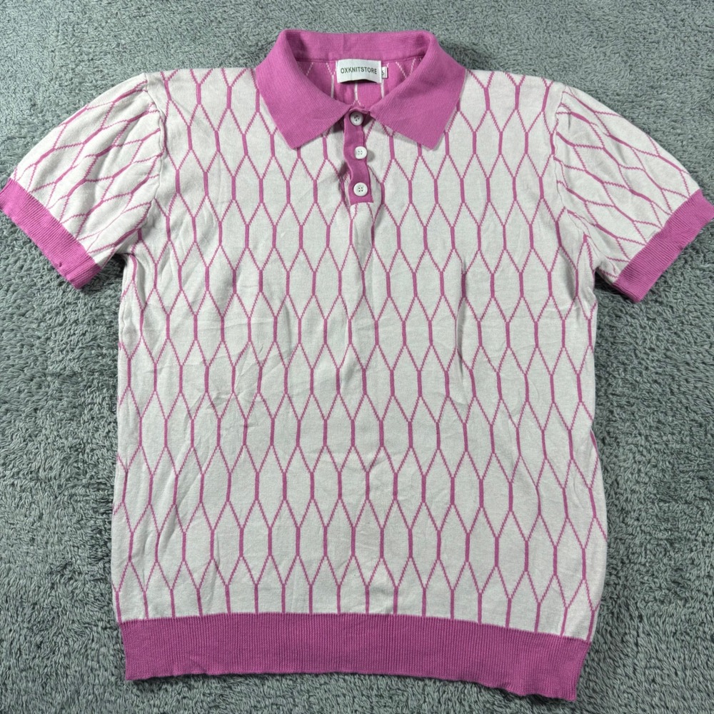 OXKNITSTORE Knit Polo Shirt Mens Size S Pink White Geometric Diamond Pattern
